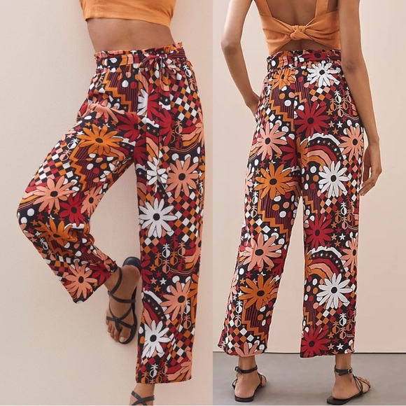 FARM Rio Pants - Farm Rio Floral Daisy Colorful Lightweight Loose Belted Paperbag Pants Small NWT